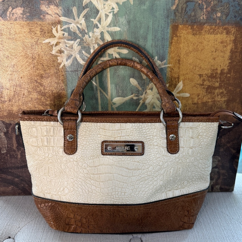 Relic Two-Tone Croc-Embossed Satchel in Cream and Brown